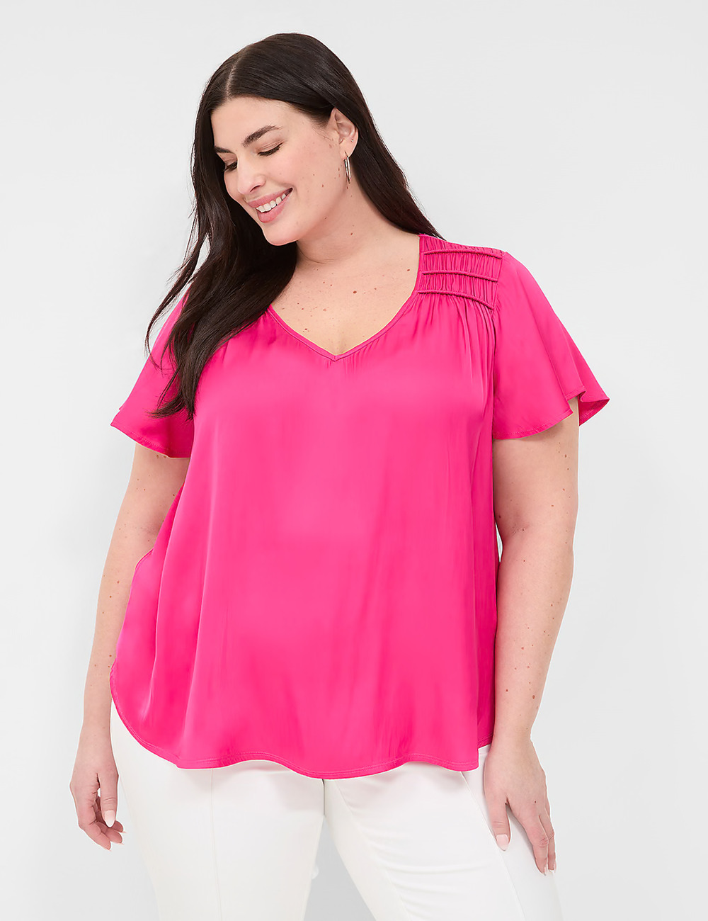 Lane Bryant Hot Pink Satin Smocked Shoulder Blouse Top Plus Size 22/24 Career